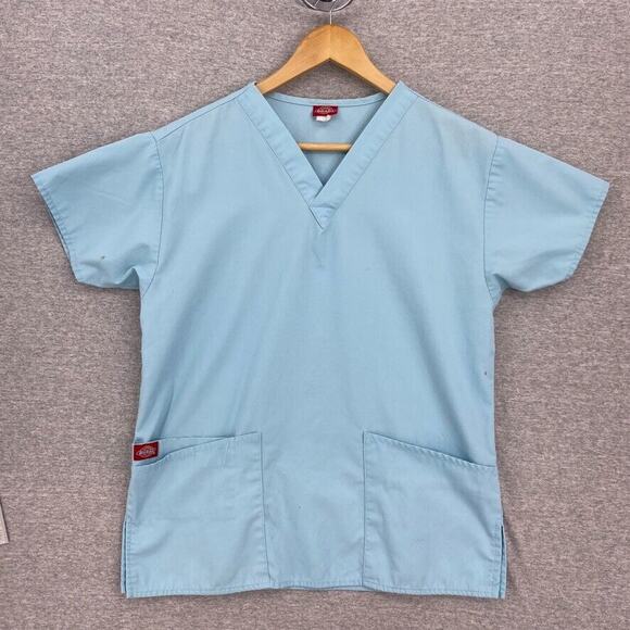 Dickies Scrub Top Womens Medium Blue Nursing Vet Medical Uniform Short Sleeve - Picture 1 of 10